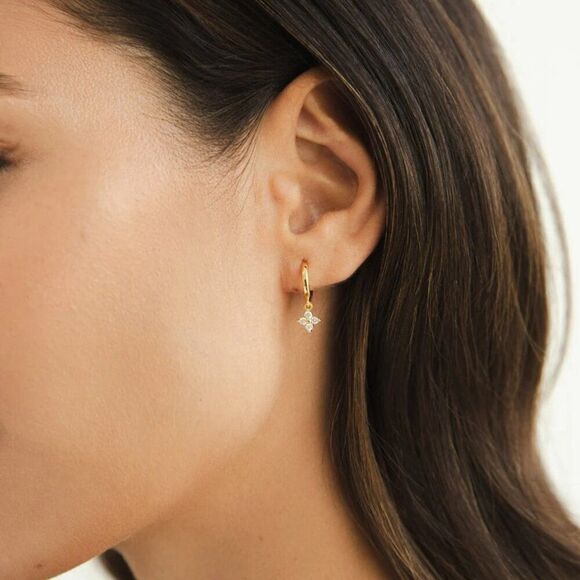 Dainty Crystal Flower Charm Hoop Earrings in Gold - Picture 4 of 13